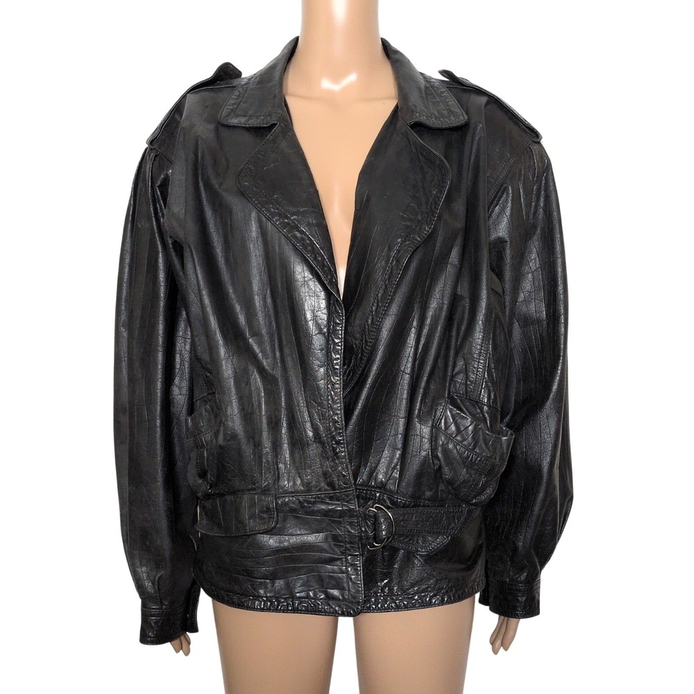 Vintage WHIPP Black Genuine Leather 80s Jacket Oversized Padded Shoulder Large